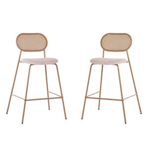 HOMFURN Set of 2 Tall Bar Stools, 72.5 cm Seat Height, Cane-Style Woven Backrest, Velvet Upholstered Seat and Metal Frame