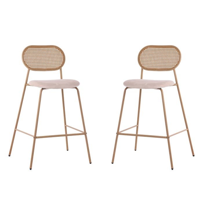HOMFURN Set of 2 Tall Bar Stools, 72.5 cm Seat Height, Cane-Style Woven Backrest, Velvet Upholstered Seat and Metal Frame
