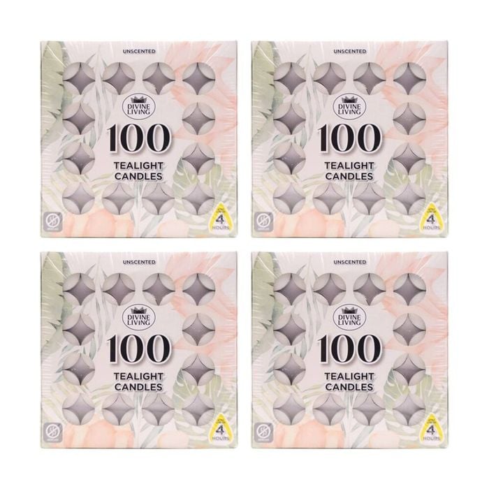 4x 100pc Divine Living Unscented Tealights Candles 4 Hours Burn Time 18.8x18.8cm