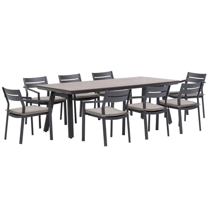 FurnitureOkay Bondi-Capri 9-Piece Sintered Stone Outdoor Dining Setting - Charcoal