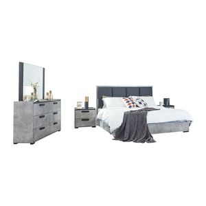 Queen 4 Pcs Bedroom Suite with Dresser Fabric Upholstery MDF Combination of Black & Cement Colour