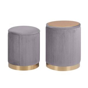 La Bella Grey 2 Set Side Table Storage Ottoman - Velvet Stool MIRA