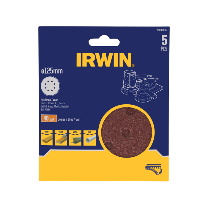 IRWIN 125mm 40 Grit Quick Fit Random Orbital Sanding Discs 8 Holes - 5 Pack