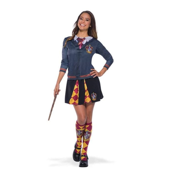 Gryffindor Teen Adult Halloween Costume Top with Printed Cardigan Shirt Tie and House Emblem, Medium
