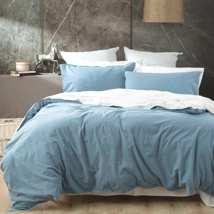 Renee Taylor Essentials Vintage Stone Washed Reversible Quilt Cover Set King Blue