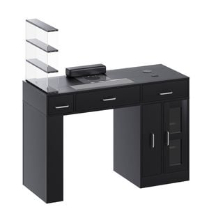 Advwin Vanity Nail Desk Manicure Table w/Glass Top Drawer Dust Collector Wireless Charging LED Light Black