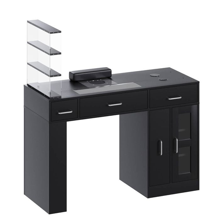 Advwin Vanity Nail Desk Manicure Table w/Glass Top Drawer Dust Collector Wireless Charging LED Light Black