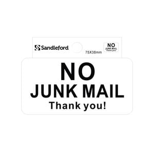 Sandleford Sign "No Junk Mail" Self-Adhesive 75mm - White