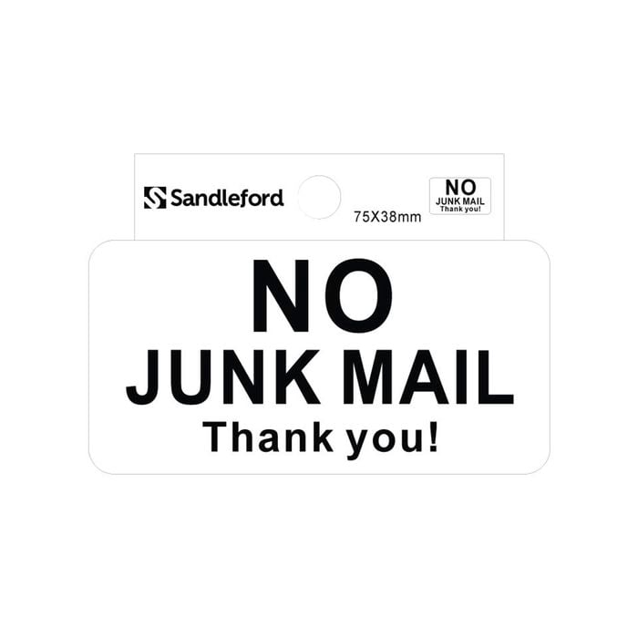 Sandleford Sign "No Junk Mail" Self-Adhesive 75mm