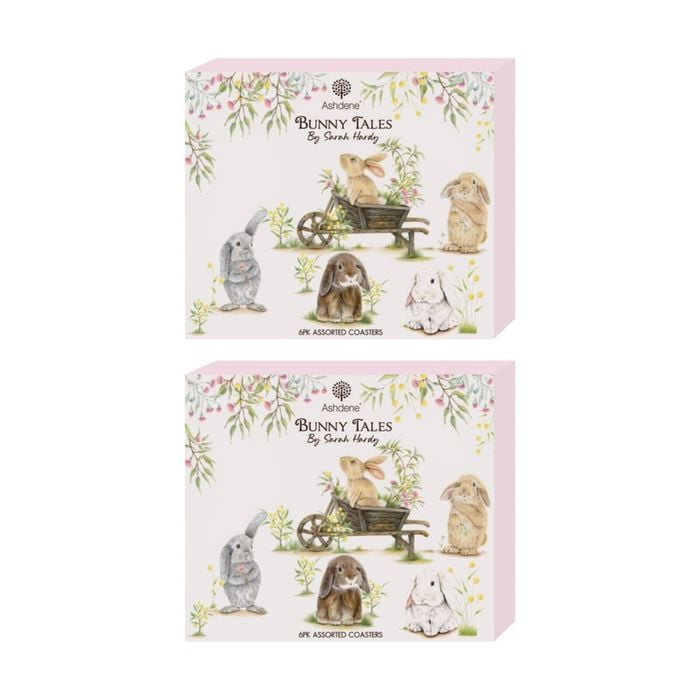 2x 6pc Ashdene Bunny Tales Coaster Serveware Set Animal Art Design