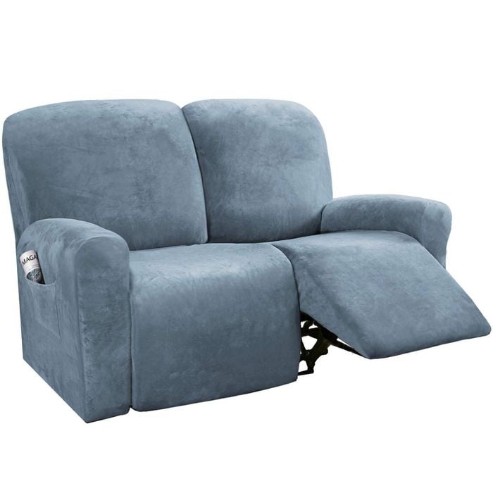 Smarcute 2 Seater Velvet Recliner Chair Sofa Cover 6 Piece for 2 Cushion Seat Stone Blue