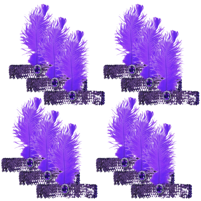 12x 1920s FLAPPER HEADBAND Headpiece Feather Sequin Charleston Gatsby Party BULK Purple