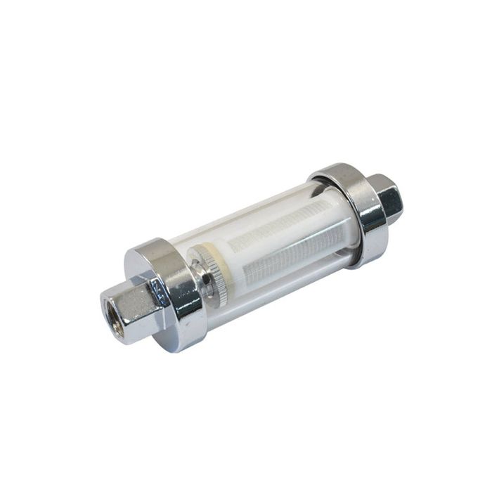 Inline Petrol Fuel Filter 3/8" Inlet Outlet Barb Chrome & Glass