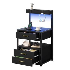 Ufurniture Side Table with Charging Station and LED Lights Bedside Table