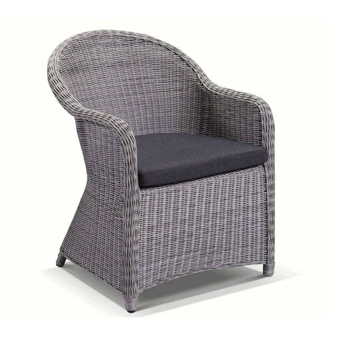 Outdoor Plantation Full Round Wicker Dining Chair -Brushed Grey with Denim Grey cushions