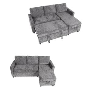 Ufurniture L Shape Convertible Sleeper Sofa Bed Chenille Pull Out Couch Bed w/ Storage Chaise Grey