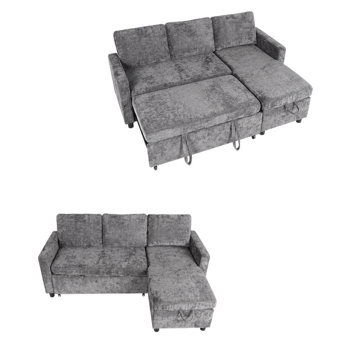 Ufurniture L Shape Convertible Sleeper Sofa Bed Chenille Pull Out Couch Bed w/ Storage Chaise Grey