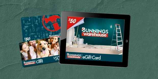 Various Bunnings gift cards on a green background.
