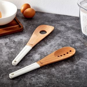 Gourmet Kitchen 2 Piece Modern Beech Wood Spoon Set With Silicone Grip White