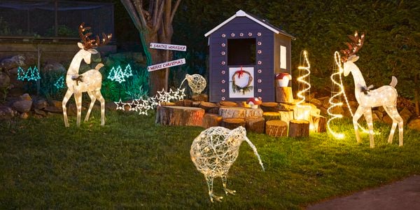 Christmas lights and illuminated animals at night