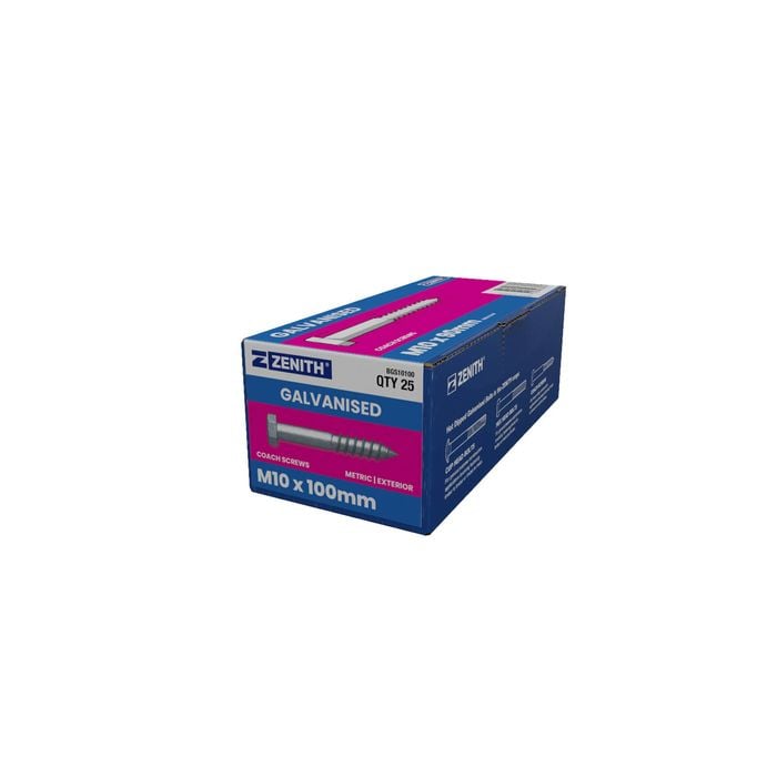 ZENITH M10 x 100mm Hot Dip Galvanised Hex Head Coach Screws - 25 Pack