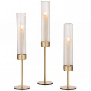 Levede Candle Holder 3Pc Removable Windproof Glass Shade Metal  Gold