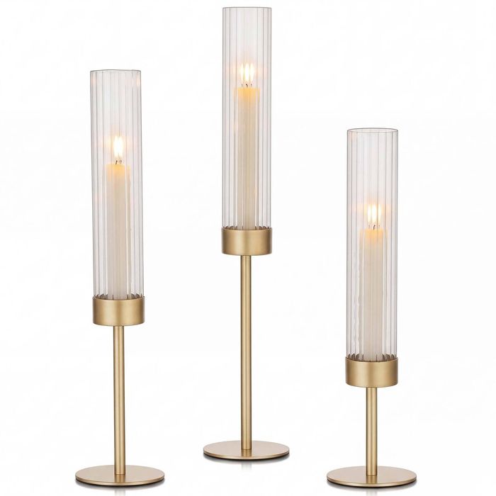 Levede Candle Holder 3Pc Removable Windproof Glass Shade Metal  Gold