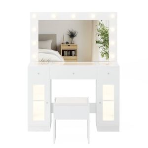 Ufurniture Makeup Vanity Table Stool Set with Glass Tabletop LED Lights and Charging Station Large Mirror White