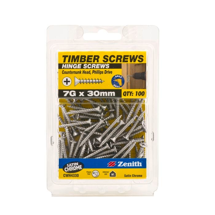 Zenith 7G x 30mm Satin Chrome Hinge Timber Screws - 100 Pack