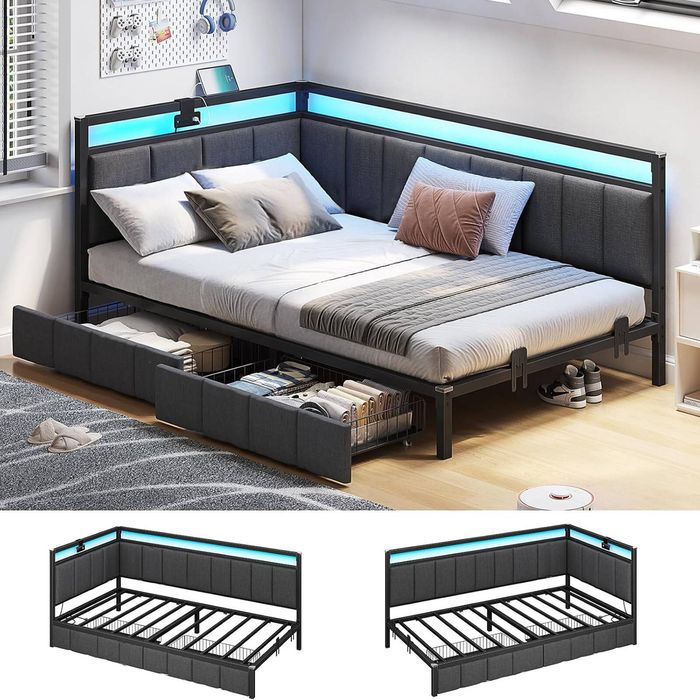 Ufurniture Corner Bed Frame Single Daybed With 2 Storage Drawers And Charging Station Bedroom Living Room Gray