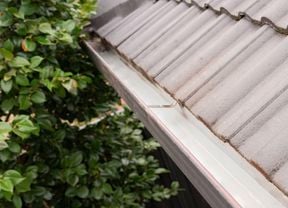 A freshly cleaned roof gutter along the edge of a house with grey tiled roofing