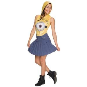 Minion Face Dress Halloween Costume Adult Despicable Me Outfit with Hood and Printed Skirt, Large
