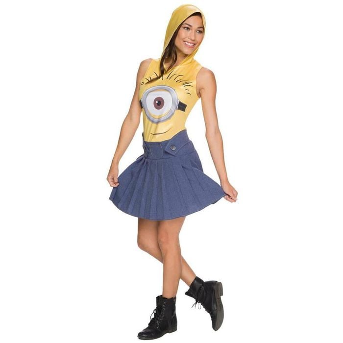 Minion Face Dress Halloween Costume Adult Despicable Me Outfit with Hood and Printed Skirt, Large