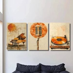3pcs Golden Piano, Microphone & Vinyl  Print 100% Australian Made 3 x 40x60cm (Metal Print)