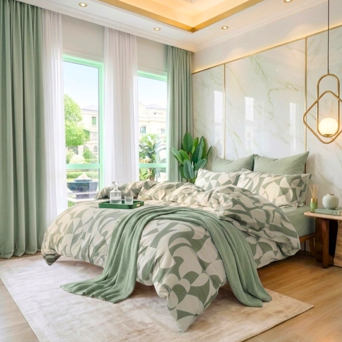 Queen Bedspread Set – 100% Cotton – Comferter Set (Off White/Light Sage)