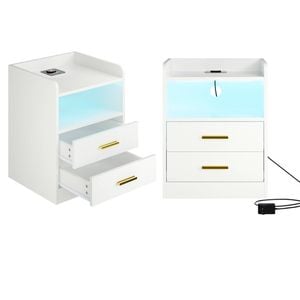 Advwin Bedside Table Set of 2 LED Nightstand 2 Drawers Wireless Charging Station Smart Control White