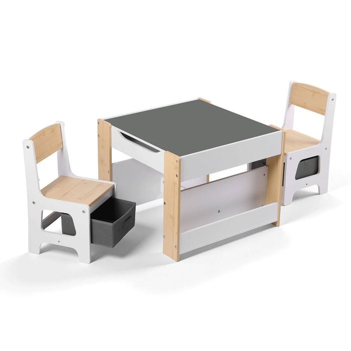 Keezi 4-in-1 Kids Table and Chairs Set with Bookcase & Storagebox, Natural