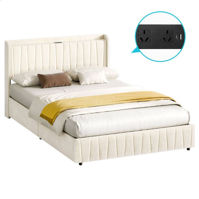 ALFORDSON Bed Frame Double Drawers Charging Station Velvet Beige
