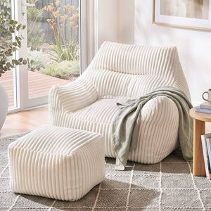 HOMFURN White Corduroy Bean Bag Chair with Ottoman Set, 30D High-Density Foam, 150kg Capacity, Removable Washable Cover