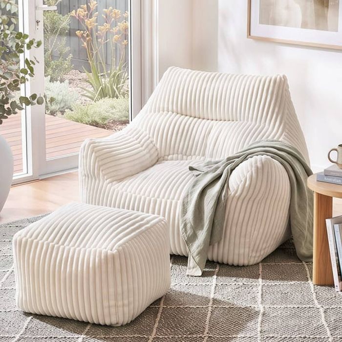 HOMFURN White Corduroy Bean Bag Chair with Ottoman Set, 30D High-Density Foam, 150kg Capacity, Removable Washable Cover