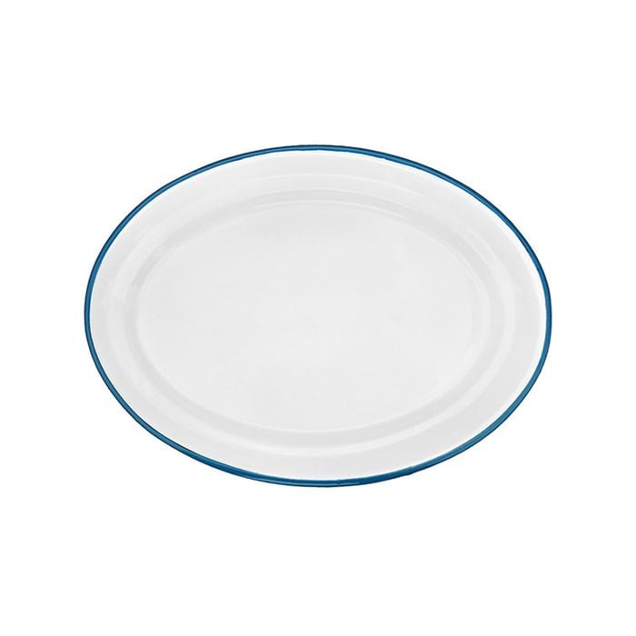 Urban Style Enamelware 40cm Oval Tray w/ Blue Rim - White