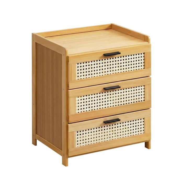 Lauft Natural Bamboo Wood 3 Drawer Bedside Table, Cabinet End Table Nightstand