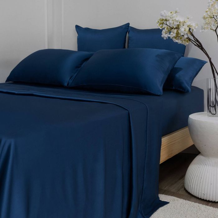 Bedding Co. Flat Sheet 100% Mulberry Silk 22 Momme Navy Blue King