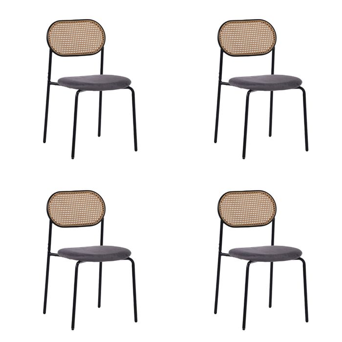 HOMFURN Set of 4 Dining Chairs, 4pcs Metal Frame Chairs with Rattan Cane-Style Backrest and Velvet Upholstered Seat