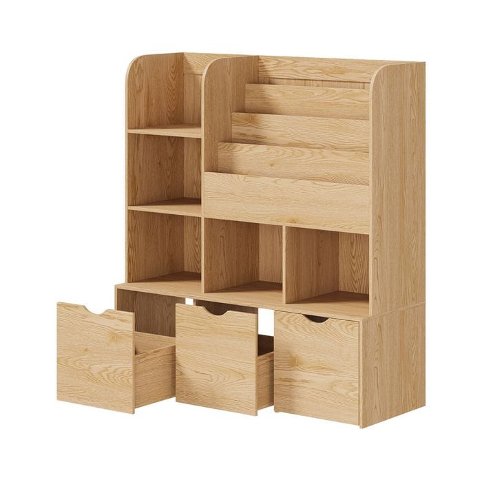 Oikiture Kids Bookcase Toy Organiser Cabinet Bookshelf With Chest Natural