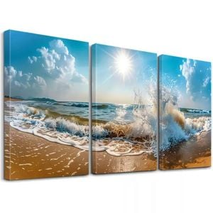 3pcs Sunrise Beach & Raging Waves Print 100% Australian Made 3 x 40x60cm  (Stretched)