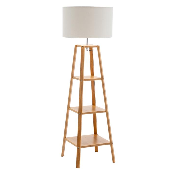 New Oriental Ren Rubberwood Floor Lamp W/ Linen Shade - Off White/Natural