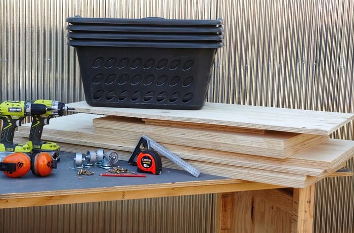 The tools and materials necessary for making a laundry basket dresser