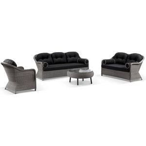 Plantation Outdoor Wicker 3+2+1+1 Seater Lounge Set Brushed Grey With Coffee Table & Denim Cushions