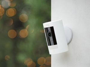Ring security camera on white wall 
